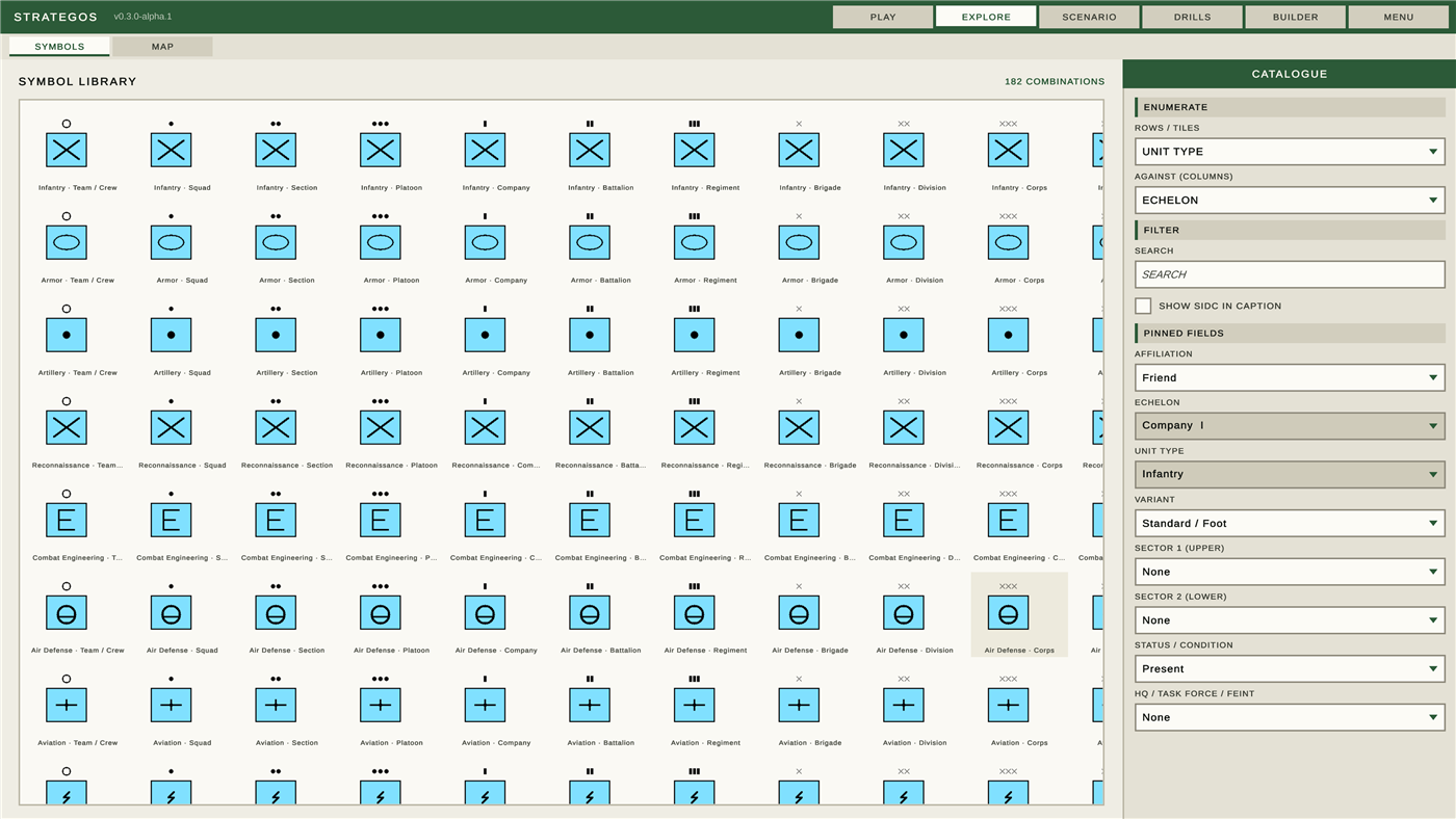 The EXPLORE view's symbol library: a grid of NATO APP-6D unit symbols by unit type and echelon, from a single dot for a fireteam through crossed bars for corps, with a catalogue filter panel on the right.