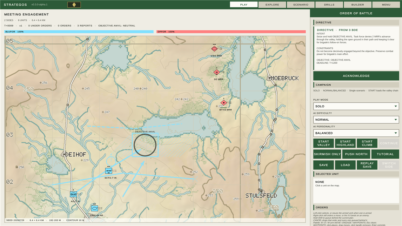 The PLAY view at scenario start: a topographic map with blue and red NATO APP-6D unit symbols around Objective Anvil, directive and campaign rail on the right, version v0.3.0-alpha.1 in the top bar.